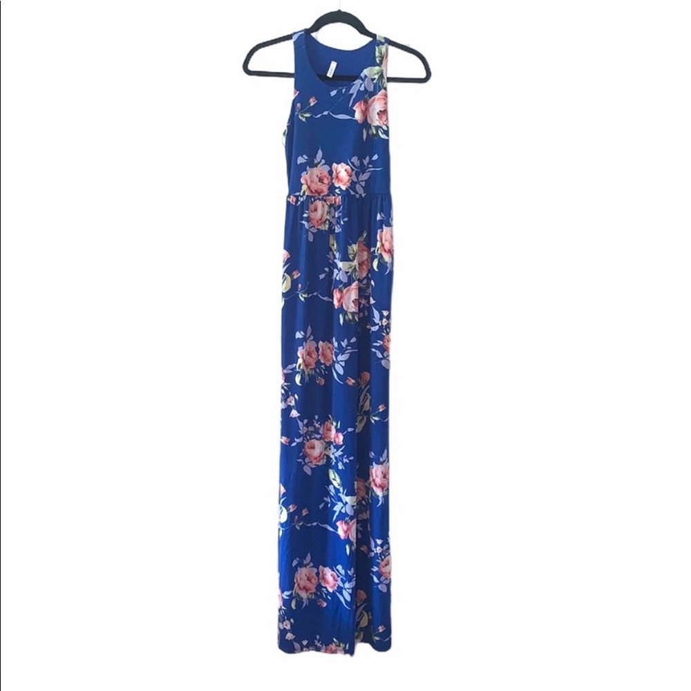 Pink Blush Floral Blue Maxi Dress with Pockets XS